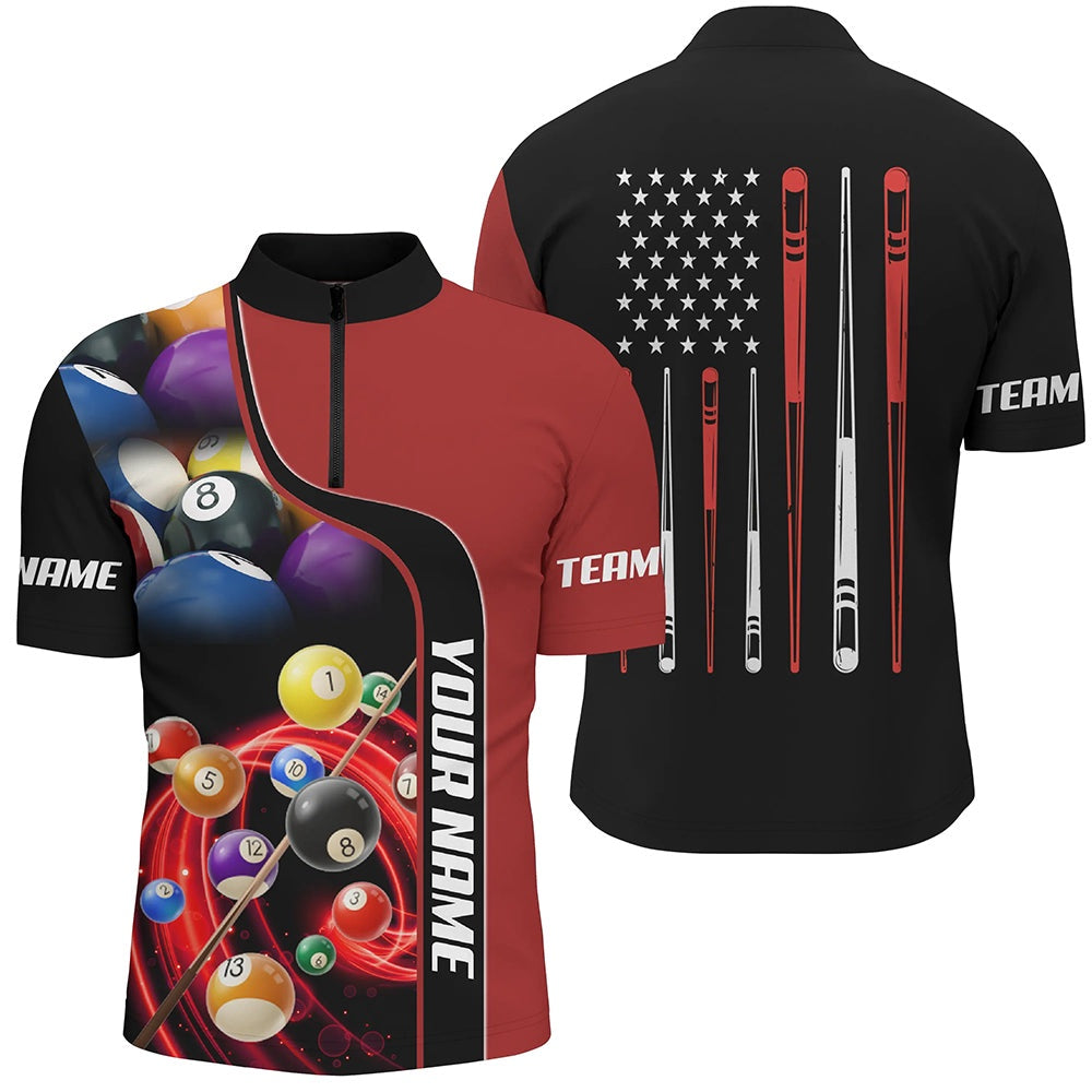 Billiard Polo Shirts, Personalized Red Pool Balls 3D Polo Shirts Custom US Flag Sticks Billiard Jerseys, Billiards Team Shirts