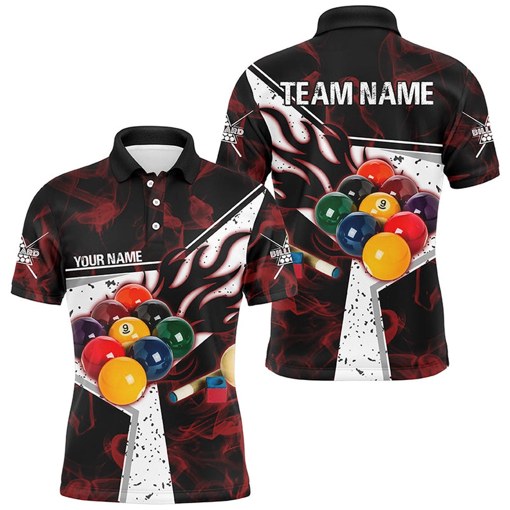 Billiard Polo Shirts, Personalized Red Smoke Billiard Jersey Polo Shirts, 3D Billiard Balls Custom Pool Player Shirts, Billiards Team Shirts