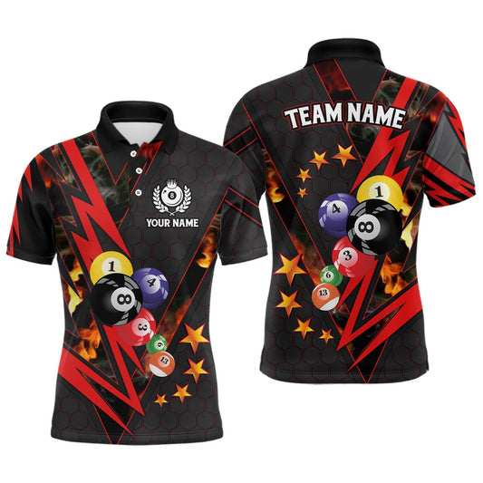 Billiard Polo Shirts, Personalized Red Thunder Billiard Balls 3D Polo Shirts Custom Team Name Billiard Jerseys, Billiards Team Shirts