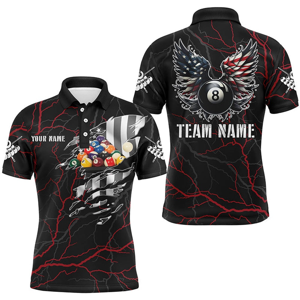 Billiard Polo Shirts, Personalized Red Thunder US Flag Billiard Balls 3D Polo Shirts Billiard 8 Ball Wings Jerseys, Billiards Team Shirts