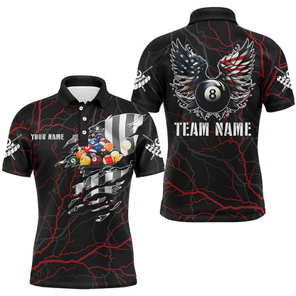 Billiard Polo Shirts, Personalized Red Thunder US Flag Billiard Balls 3D Polo Shirts Billiard 8 Ball Wings Jerseys, Billiards Team Shirts