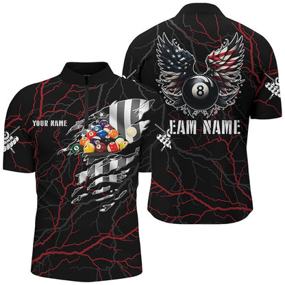 Billiard Polo Shirts, Personalized Red Thunder US Flag Billiard Balls 3D Polo Shirts Billiard 8 Ball Wings Jerseys, Billiards Team Shirts