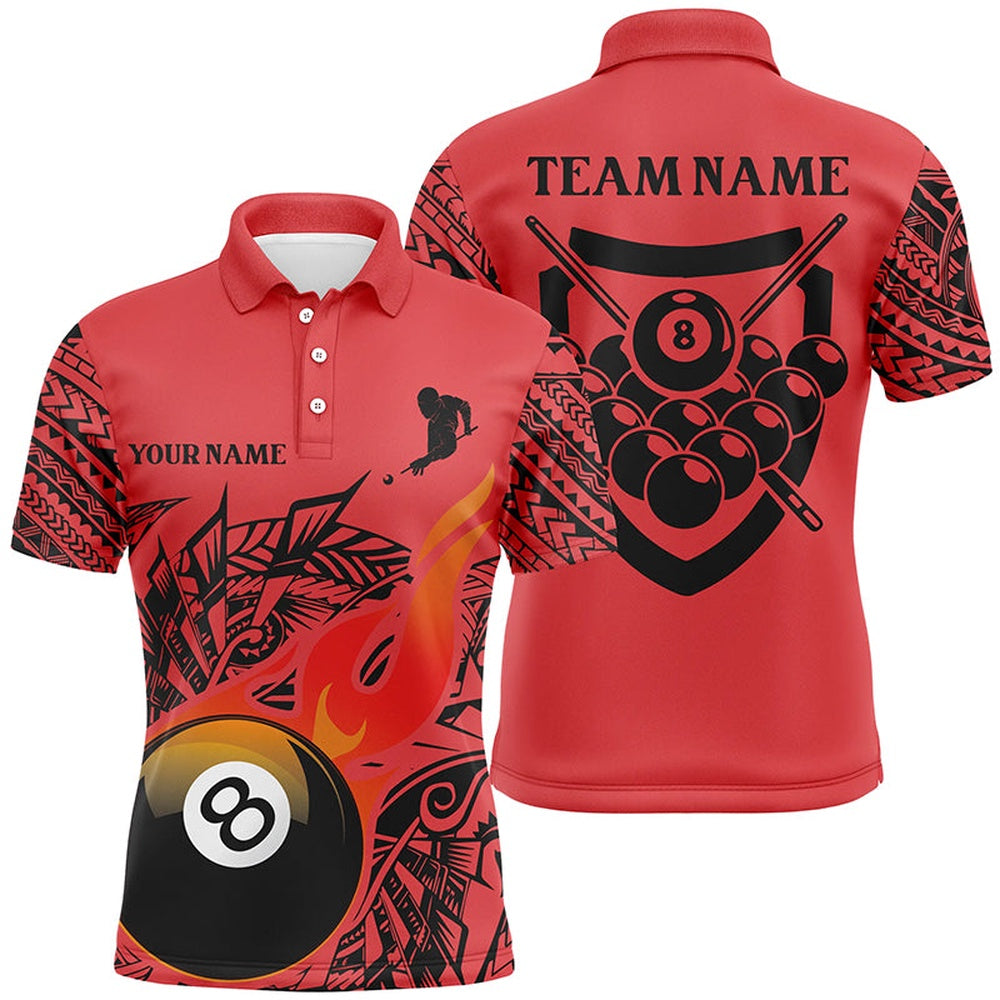 Billiard Polo Shirts, Personalized Red Tribal 8 Ball Flame Billiard 3D Polo Shirts, Custom Billiard Team Shirts, Billiards Team Shirts