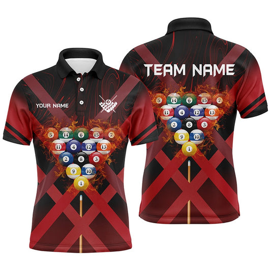Billiard Polo Shirts, Personalized Red X-Shaped Billiard Balls Flame 3D Polo Shirts Best Custom Billiard Attire, Billiards Team Shirts