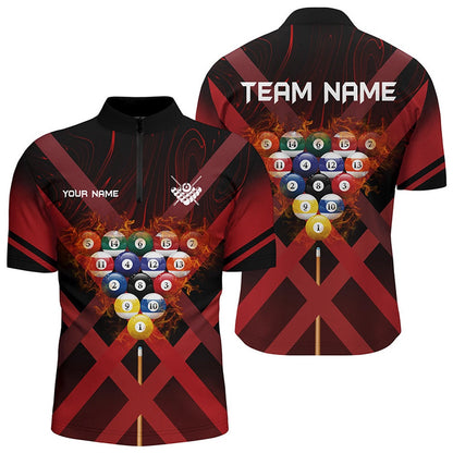 Billiard Polo Shirts, Personalized Red X-Shaped Billiard Balls Flame 3D Polo Shirts Best Custom Billiard Attire, Billiards Team Shirts