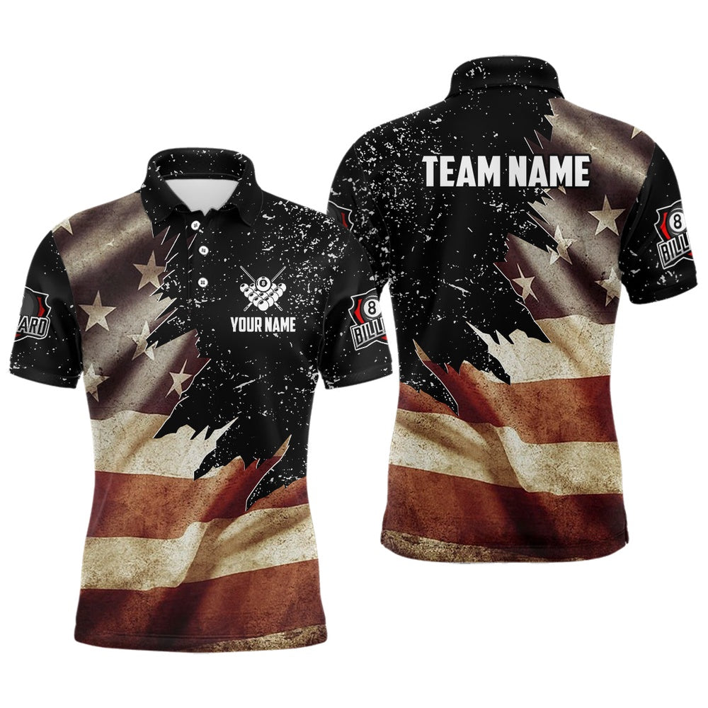 Billiard Polo Shirts, Personalized Retro American Flag Billiard Polo Shirts Custom Patriotic Billiard Jerseys Uniform, Billiards Team Shirts