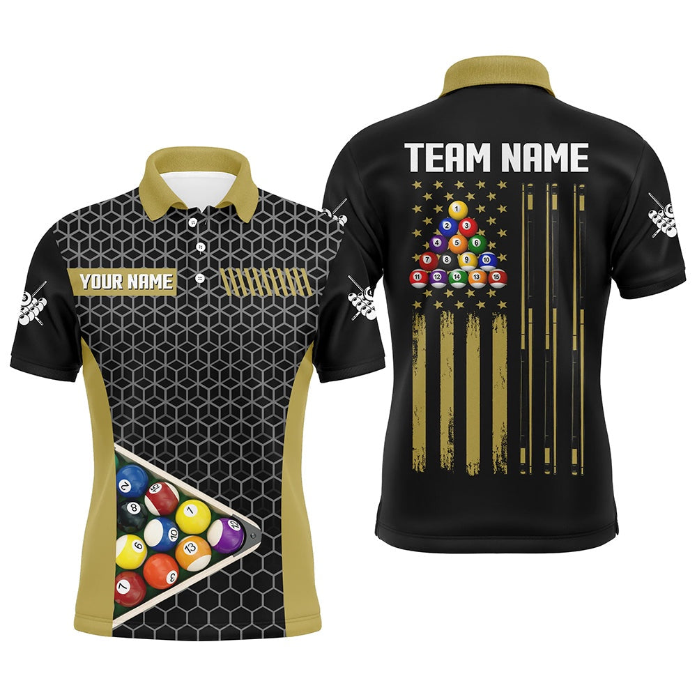 Billiard Polo Shirts, Personalized Retro American Flag Billiard Pool Shirts Custom Yellow Black Billiard Jerseys, Billiards Team Shirts