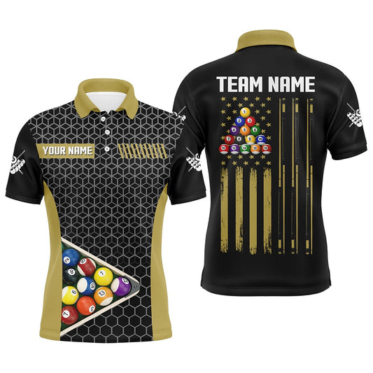 Billiard Polo Shirts, Personalized Retro American Flag Billiard Pool Shirts Custom Yellow Black Billiard Jerseys, Billiards Team Shirts