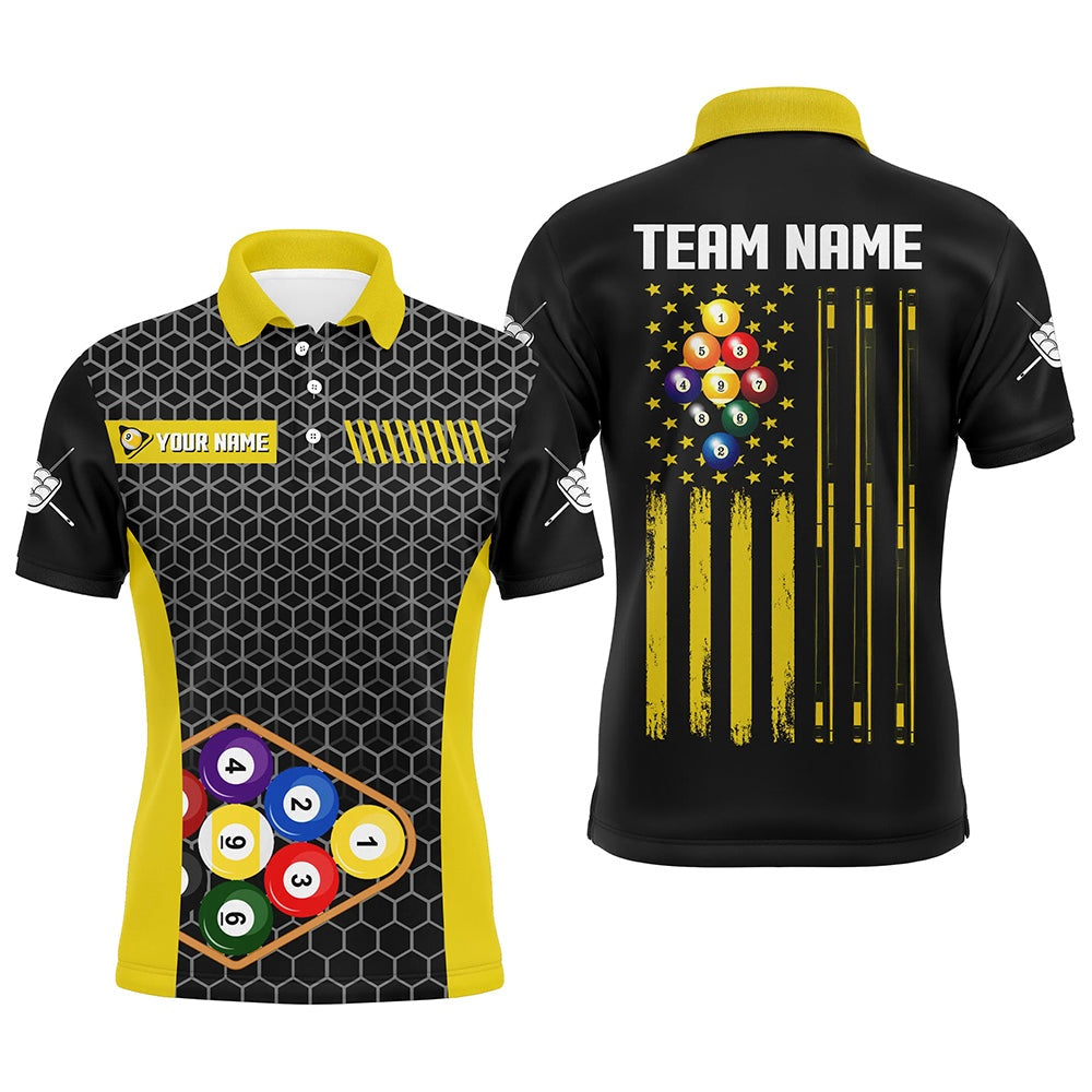Billiard Polo Shirts, Personalized Retro US Flag 9 Ball Pool Billiard Shirts Custom Yellow Black Billiard Jerseys, Billiards Team Shirts