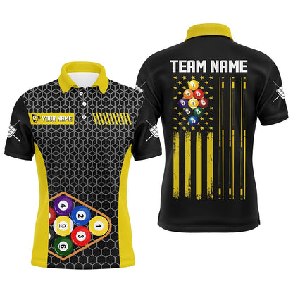 Billiard Polo Shirts, Personalized Retro US Flag 9 Ball Pool Billiard Shirts Custom Yellow Black Billiard Jerseys, Billiards Team Shirts