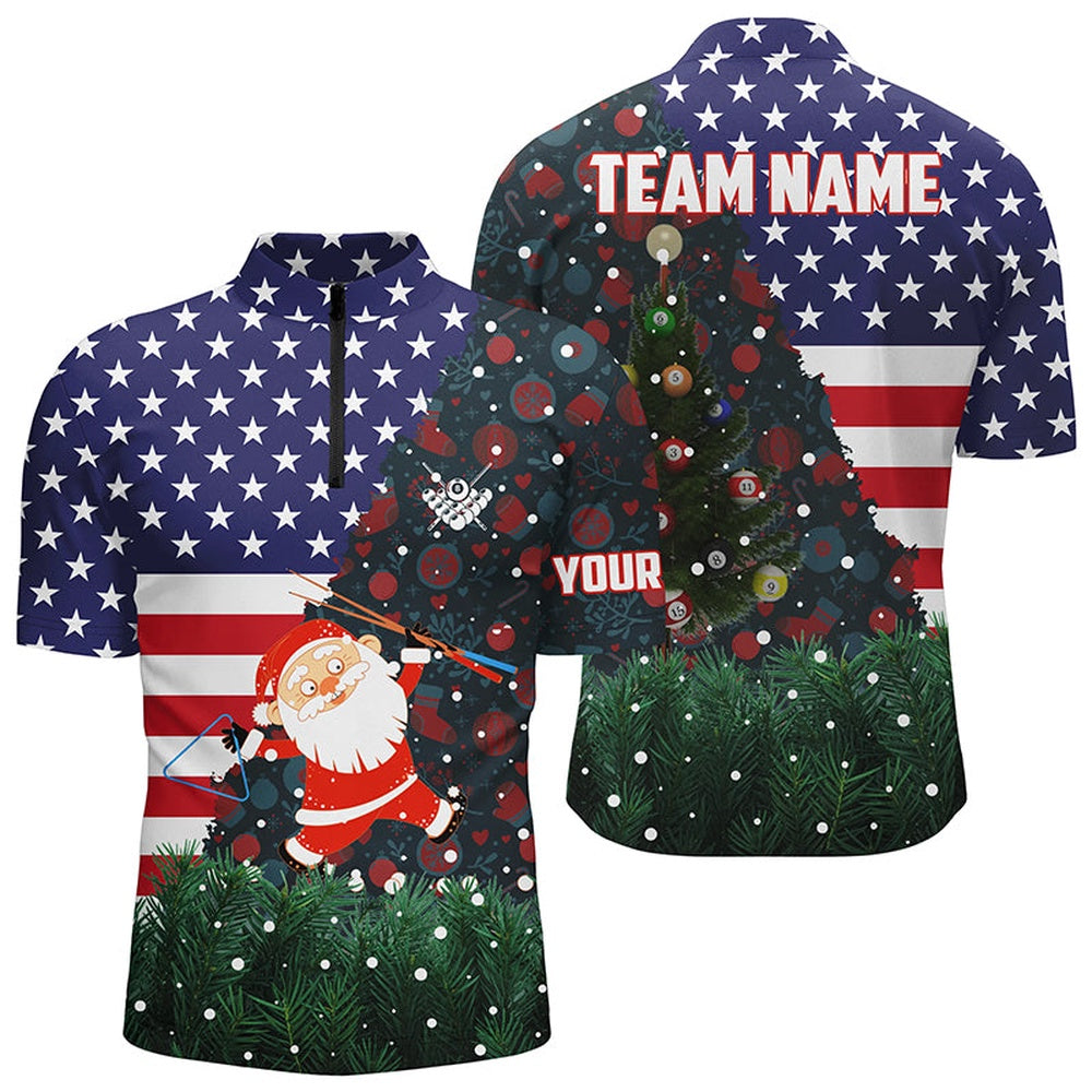 Billiard Polo Shirts, Personalized Santa Usa Flag Billiard Polo Shirt Best Patriotic Christmas Shirts, Billiards Team Shirts