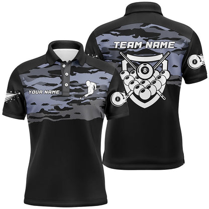 Billiard Polo Shirts, Personalized Silver Lighting 8 Ball Black Billiard Polo Shirts, Custom Billiards Jerseys, Billiards Team Shirts