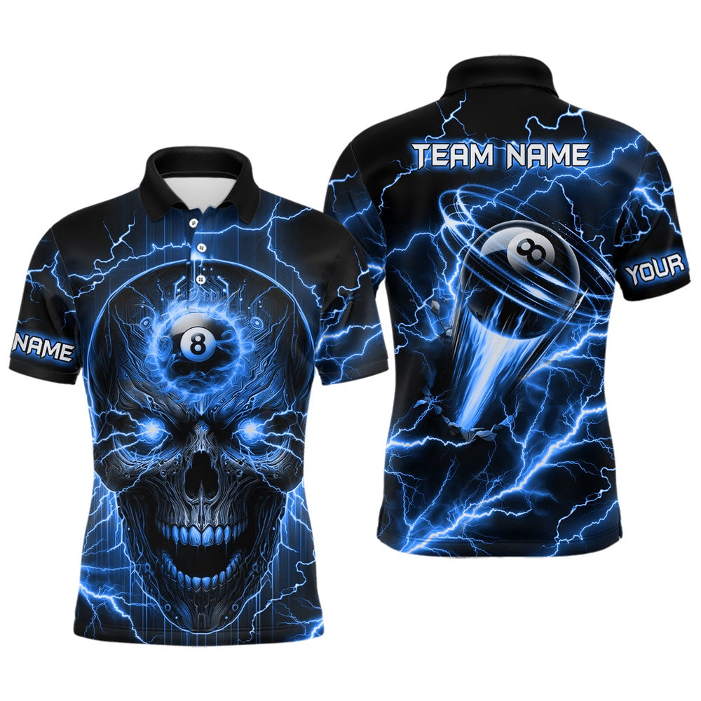 Billiard Polo Shirts, Personalized Skull Billiard Polo Shirts Custom Name 8 Ball Pool Billiard Jerseys Blue, Billiards Team Shirts