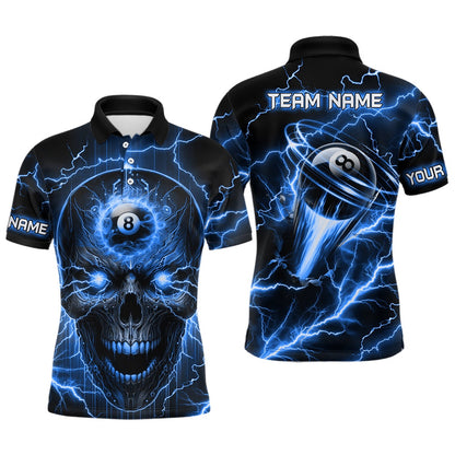 Billiard Polo Shirts, Personalized Skull Billiard Polo Shirts Custom Name 8 Ball Pool Billiard Jerseys Blue, Billiards Team Shirts