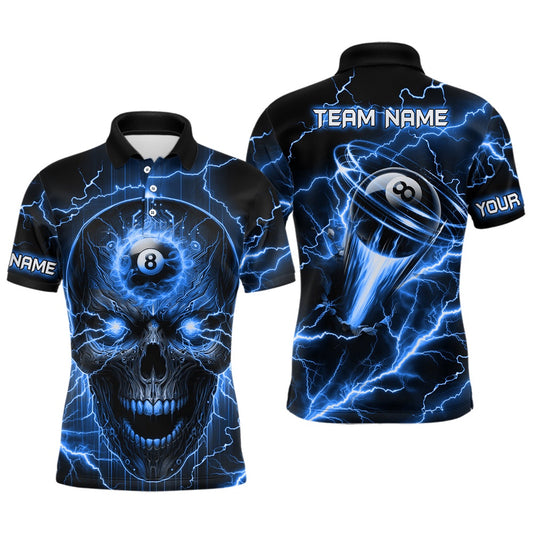 Billiard Polo Shirts, Personalized Skull Billiard Polo Shirts Custom Name 8 Ball Pool Billiard Jerseys Blue, Billiards Team Shirts