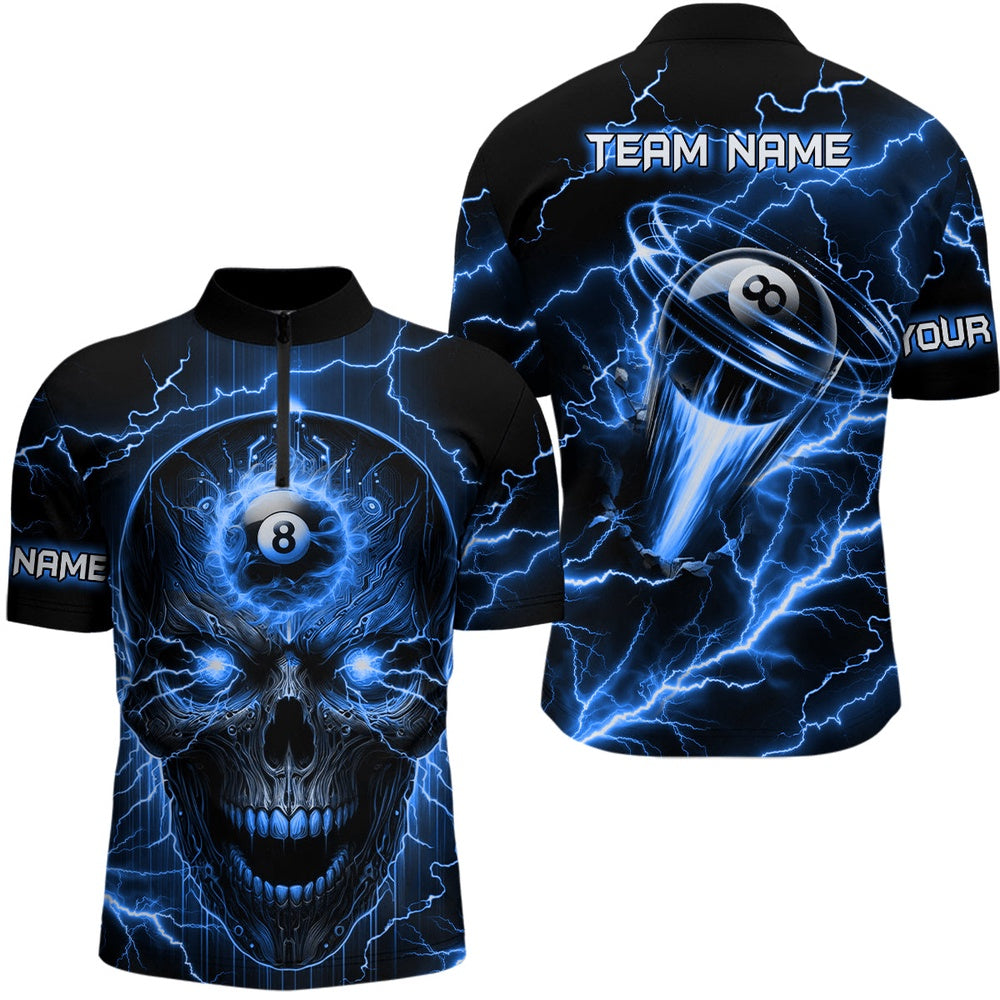 Billiard Polo Shirts, Personalized Skull Billiard Polo Shirts Custom Name 8 Ball Pool Billiard Jerseys Blue, Billiards Team Shirts