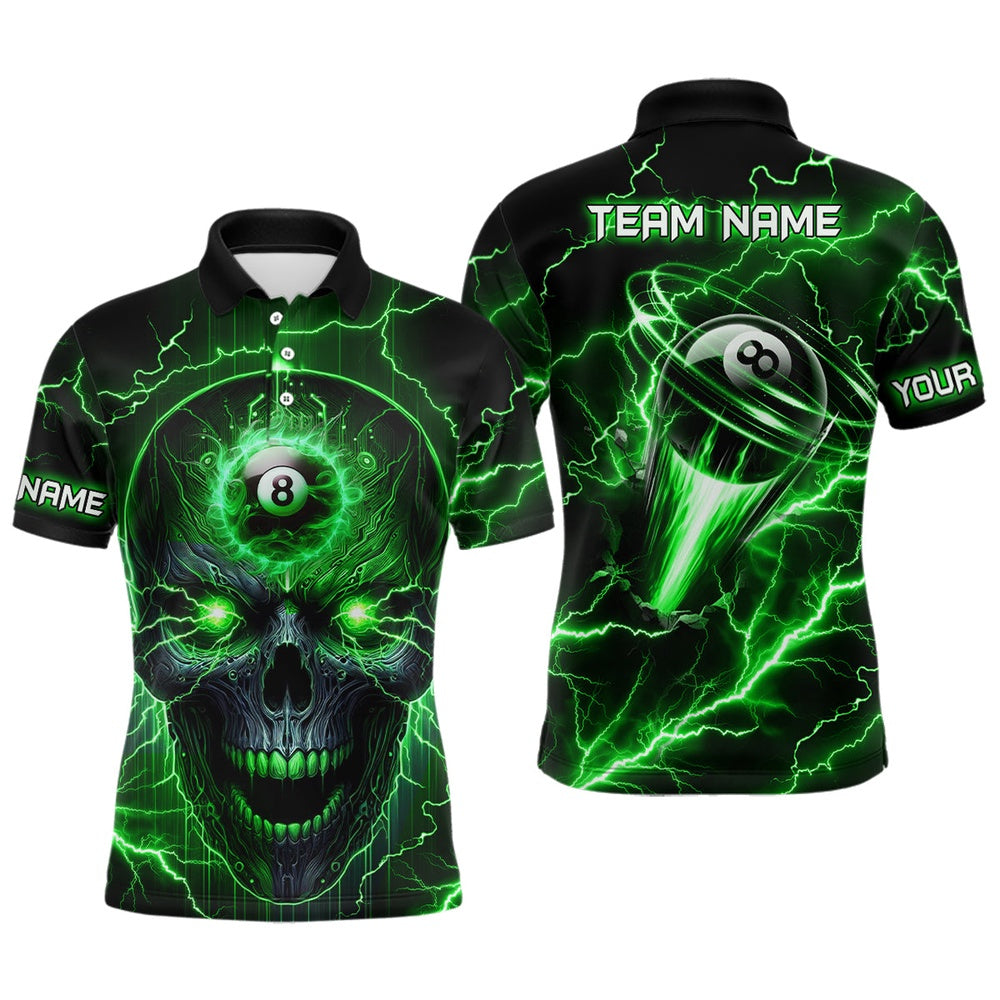 Billiard Polo Shirts, Personalized Skull Billiard Polo Shirts Custom Name 8 Ball Pool Billiard Jerseys Green, Billiards Team Shirts