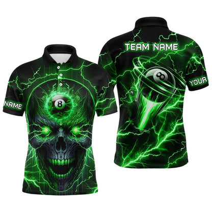 Billiard Polo Shirts, Personalized Skull Billiard Polo Shirts Custom Name 8 Ball Pool Billiard Jerseys Green, Billiards Team Shirts