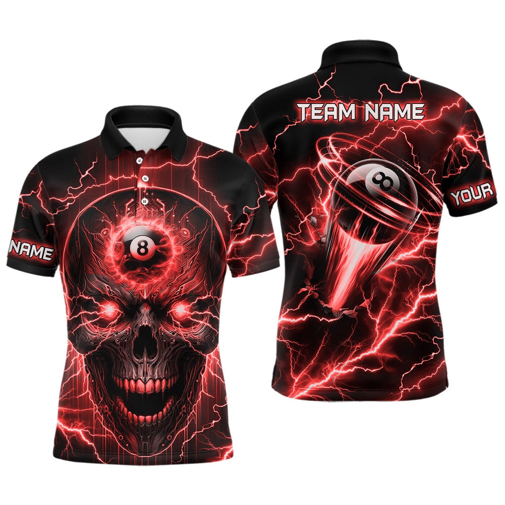 Billiard Polo Shirts, Personalized Skull Billiard Polo Shirts Custom Name 8 Ball Pool Billiard Jerseys Red, Billiards Team Shirts