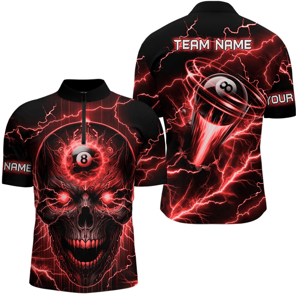 Billiard Polo Shirts, Personalized Skull Billiard Polo Shirts Custom Name 8 Ball Pool Billiard Jerseys Red, Billiards Team Shirts