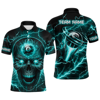 Billiard Polo Shirts, Personalized Skull Billiard Polo Shirts Custom Name 8 Ball Pool Billiard Jerseys Turquoise, Billiards Team Shirts