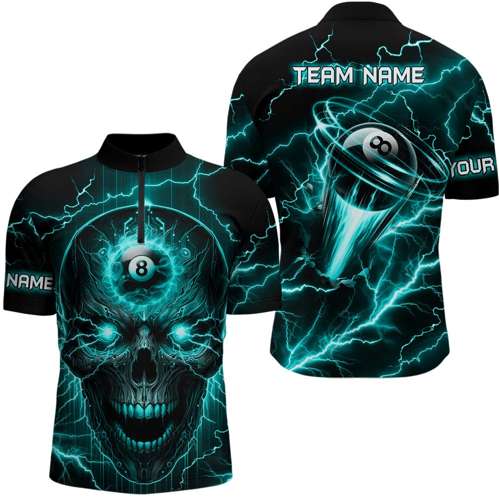 Billiard Polo Shirts, Personalized Skull Billiard Polo Shirts Custom Name 8 Ball Pool Billiard Jerseys Turquoise, Billiards Team Shirts