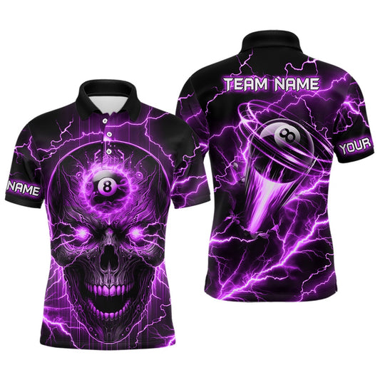 Billiard Polo Shirts, Personalized Skull Billiard Shirts Custom Name 8 Ball Pool Billiard Jersey Purple, Billiards Team Shirts