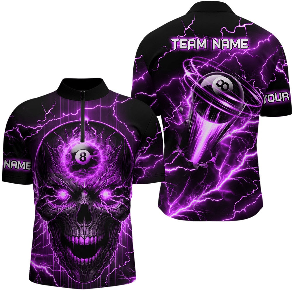 Billiard Polo Shirts, Personalized Skull Billiard Shirts Custom Name 8 Ball Pool Billiard Jersey Purple, Billiards Team Shirts