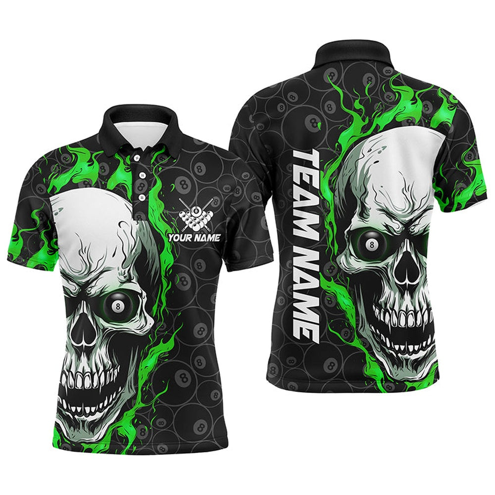 Billiard Polo Shirts, Personalized Skull Flame Billiard Polo Shirts Custom Team'S Name Billiard Jerseys Green, Billiards Team Shirts