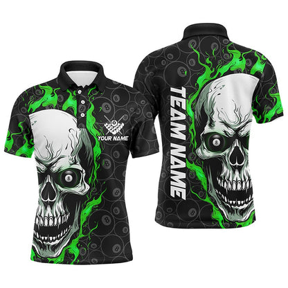 Billiard Polo Shirts, Personalized Skull Flame Billiard Polo Shirts Custom Team'S Name Billiard Jerseys Green, Billiards Team Shirts