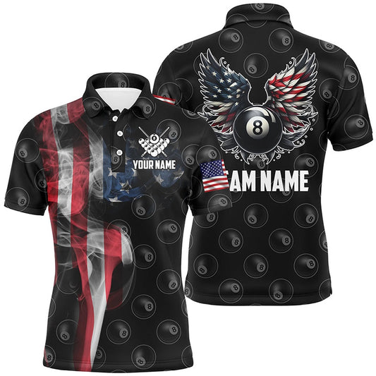 Billiard Polo Shirts, Personalized Smoke US Flag 8 Ball Billiard Polo Shirts, Funny Billiard 8 Ball Wings Jerseys, Billiards Team Shirts