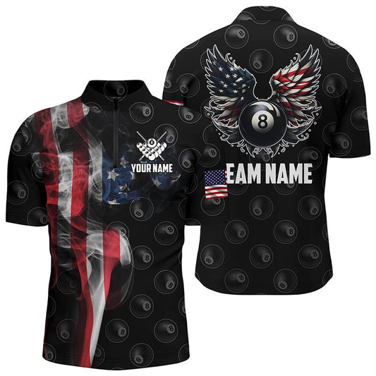 Billiard Polo Shirts, Personalized Smoke US Flag 8 Ball Billiard Polo Shirts, Funny Billiard Wings Jerseys, Billiards Team Shirts