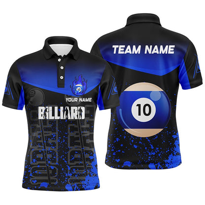 Billiard Polo Shirts, Personalized Splash Blue 10 Ball Billiard 3D Polo Shirts, Fire 10 Ball Pool Team Jerseys, Billiards Team Shirts