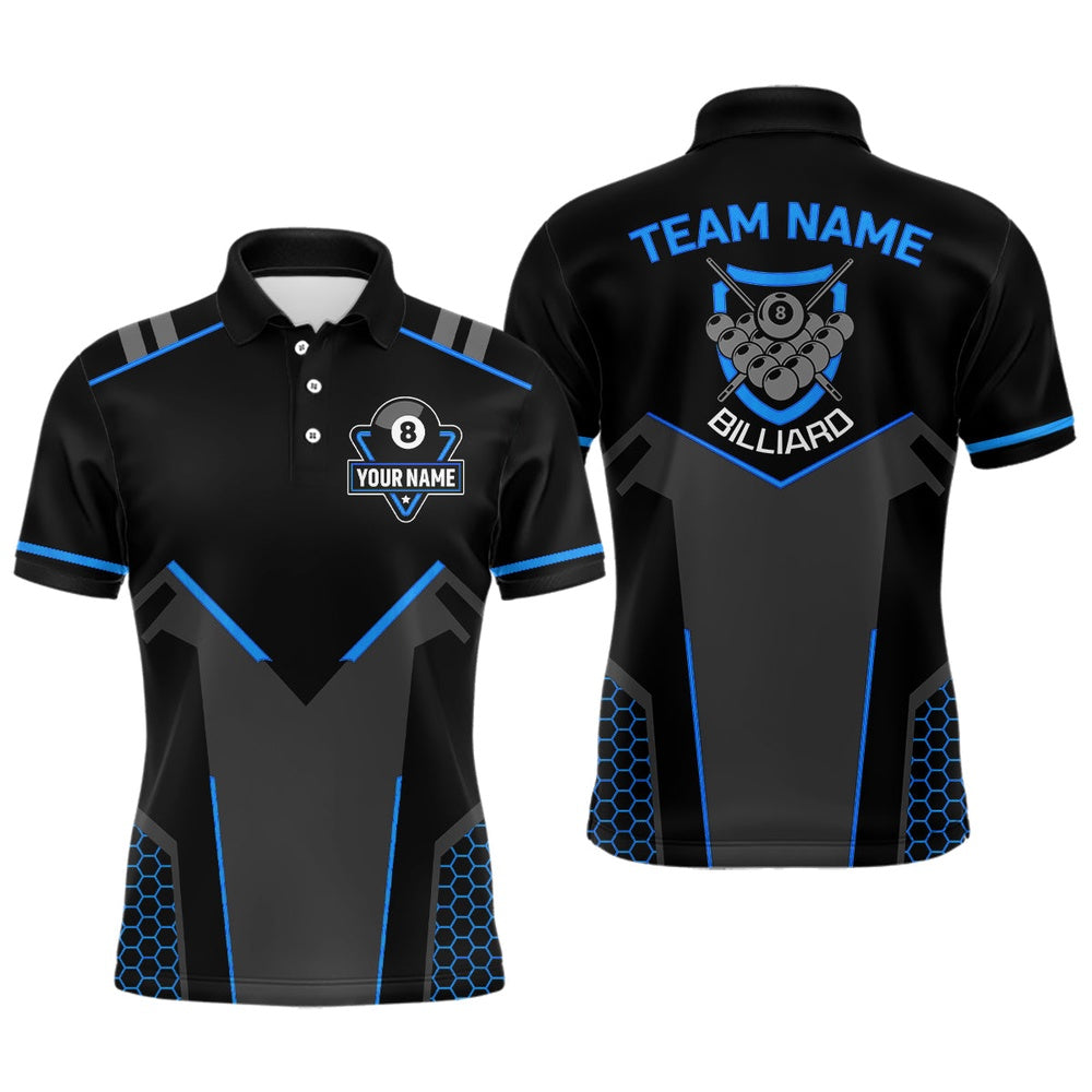 Billiard Polo Shirts, Personalized Style Black Blue 8 Ball Billiard 3D Polo Shirts, 8 Ball Pool Team Jerseys, Billiards Team Shirts