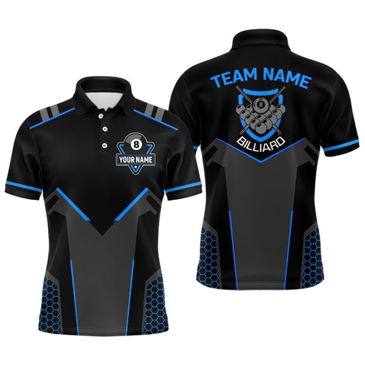 Billiard Polo Shirts, Personalized Style Black Blue 8 Ball Billiard 3D Polo Shirts, 8 Ball Pool Team Jerseys, Billiards Team Shirts