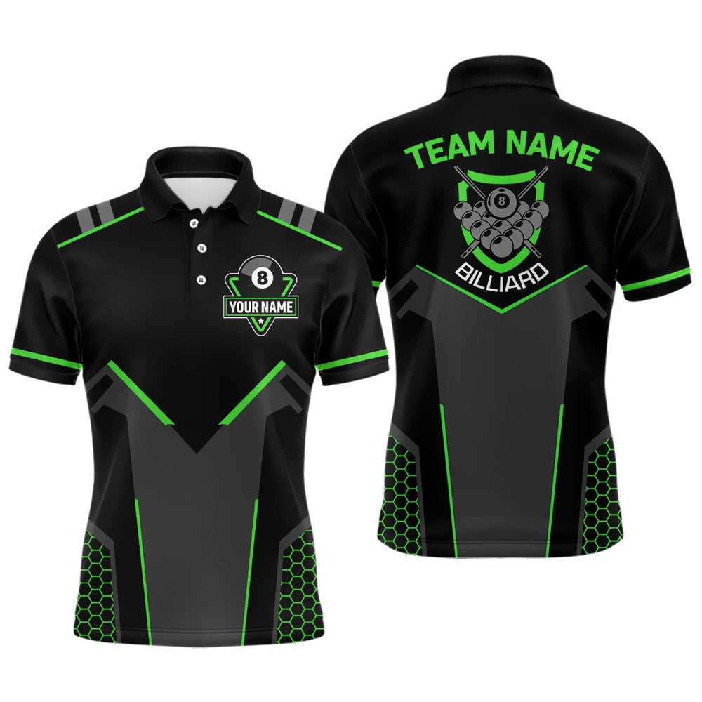 Billiard Polo Shirts, Personalized Style Black Green 8 Ball Billiard 3D Polo Shirts, 8 Ball Pool Team Jerseys, Billiards Team Shirts