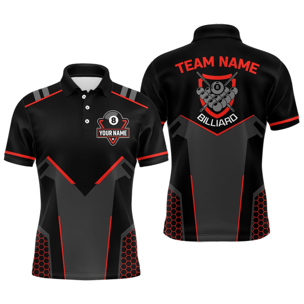 Billiard Polo Shirts, Personalized Style Black Red 8 Ball Billiard 3D Polo Shirts, Custom 8 Ball Pool Team Shirts, Billiards Team Shirts