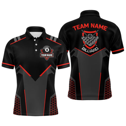 Billiard Polo Shirts, Personalized Style Black Red 8 Ball Billiard 3D Polo Shirts, Custom 8 Ball Pool Team Shirts, Billiards Team Shirts