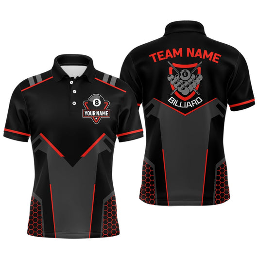 Billiard Polo Shirts, Personalized Style Black Red 8 Ball Billiard 3D Polo Shirts, Custom 8 Ball Pool Team Shirts, Billiards Team Shirts