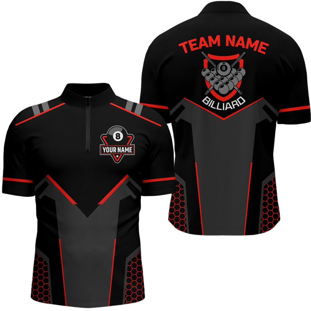 Billiard Polo Shirts, Personalized Style Black Red 8 Ball Billiard 3D Polo Shirts, Custom 8 Ball Pool Team Shirts, Billiards Team Shirts