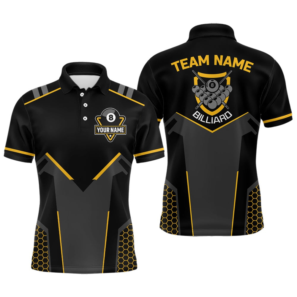 Billiard Polo Shirts, Personalized Style Black Yellow 8 Ball Billiard 3D Polo Shirts, 8 Ball Pool Team Jerseys, Billiards Team Shirts
