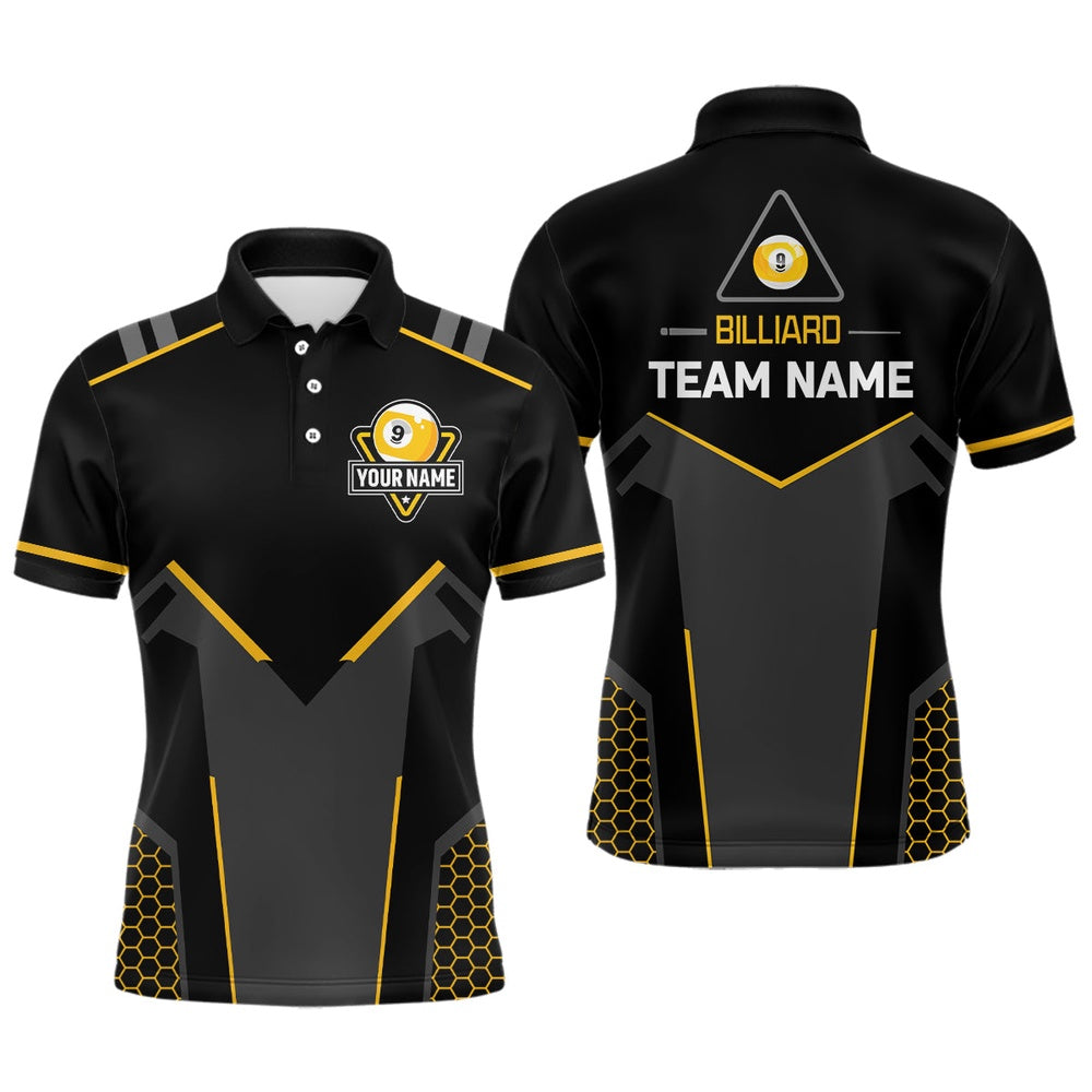 Billiard Polo Shirts, Personalized Style Black Yellow 9 Ball Billiard 3D Polo Shirts, 9 Ball Pool Team Jerseys, Billiards Team Shirts