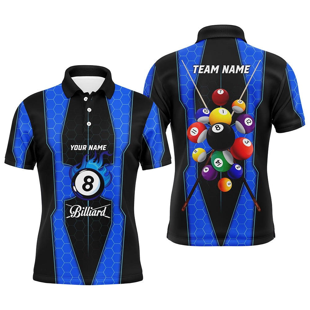 Billiard Polo Shirts, Personalized Style Blue Fire 8 Ball Billiard 3D Polo Shirts, Custom Pool Balls Team Jerseys, Billiards Team Shirts
