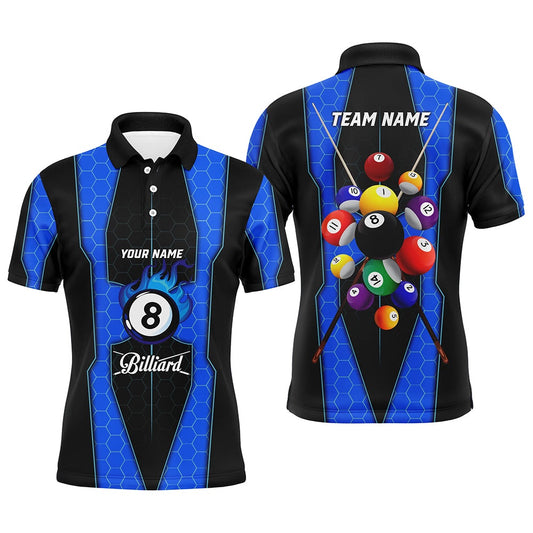 Billiard Polo Shirts, Personalized Style Blue Fire 8 Ball Billiard 3D Polo Shirts, Custom Pool Balls Team Jerseys, Billiards Team Shirts