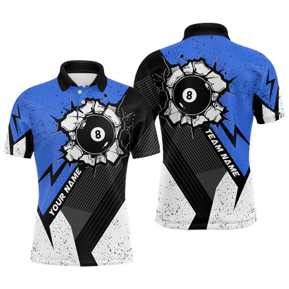 Billiard Polo Shirts, Personalized Style Blue Grunge 8 Ball Billiard 3D Polo Shirts, 8 Ball Pool Team Jerseys, Billiards Team Shirts