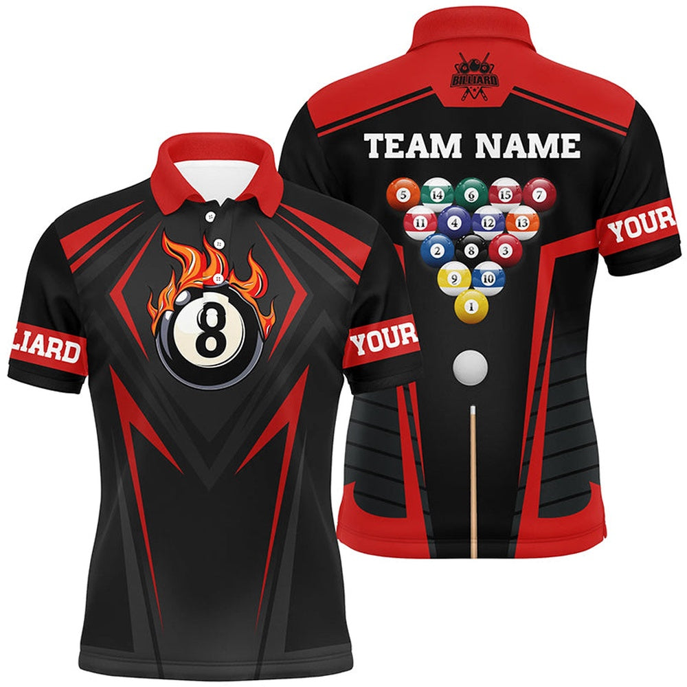 Billiard Polo Shirts, Personalized Style Red Fire 8 Ball Billiard 3D Polo Shirts, Custom Pool Balls Team Jerseys, Billiards Team Shirts