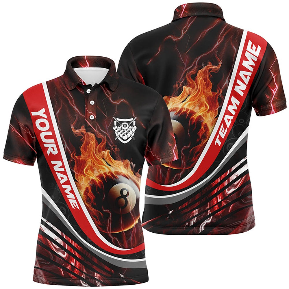 Billiard Polo Shirts, Personalized Style Thunder Red Fire 8 Ball Billiard 3D Polo Shirts, 8 Ball Pool Team Shirts, Billiards Team Shirts