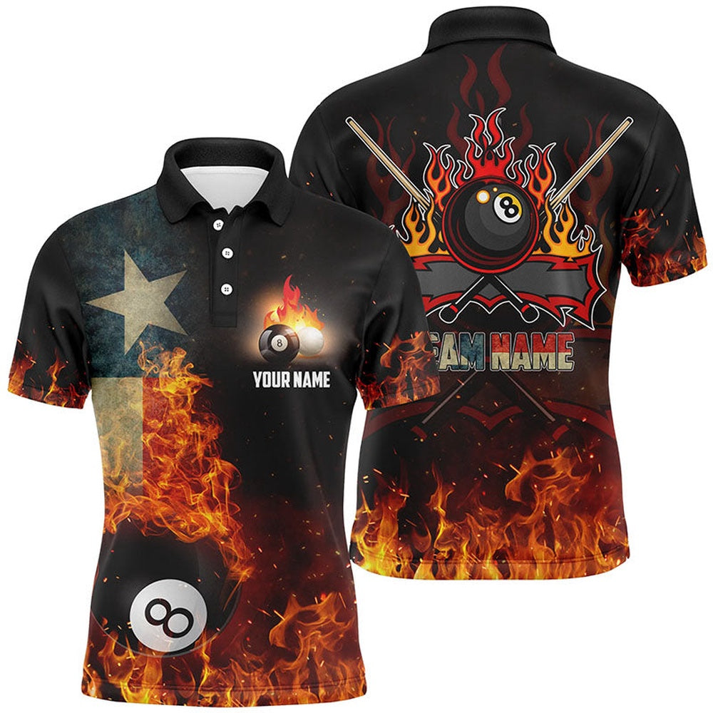 Billiard Polo Shirts, Personalized Texas Flag 8 Ball Pool On Fire 3D Billiard Polo Shirts, Billiards Jerseys, Billiards Team Shirts