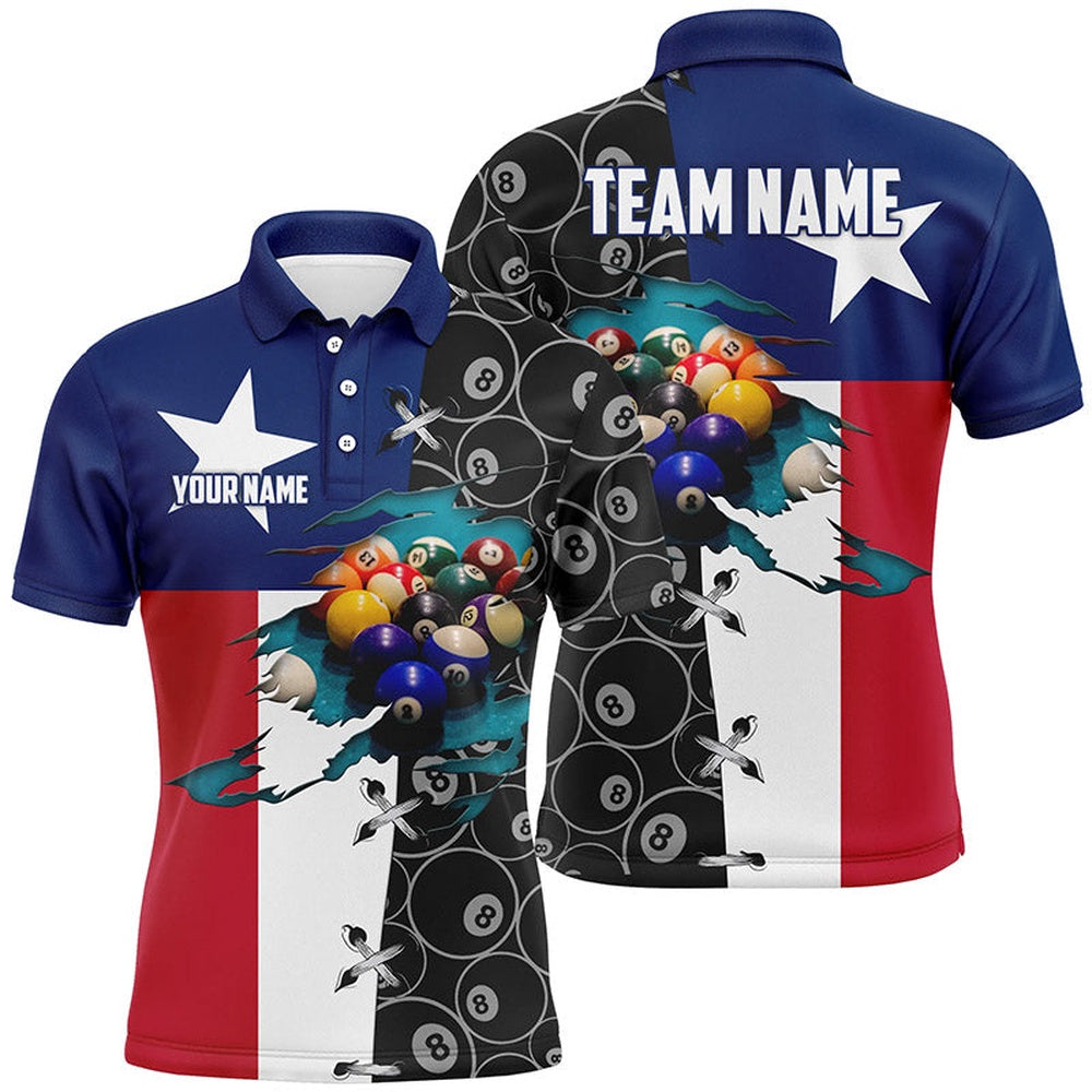 Billiard Polo Shirts, Personalized Texas Flag Billiard Polo Shirts, Custom 8 Ball Pattern Pool Balls Jerseys, Billiards Team Shirts