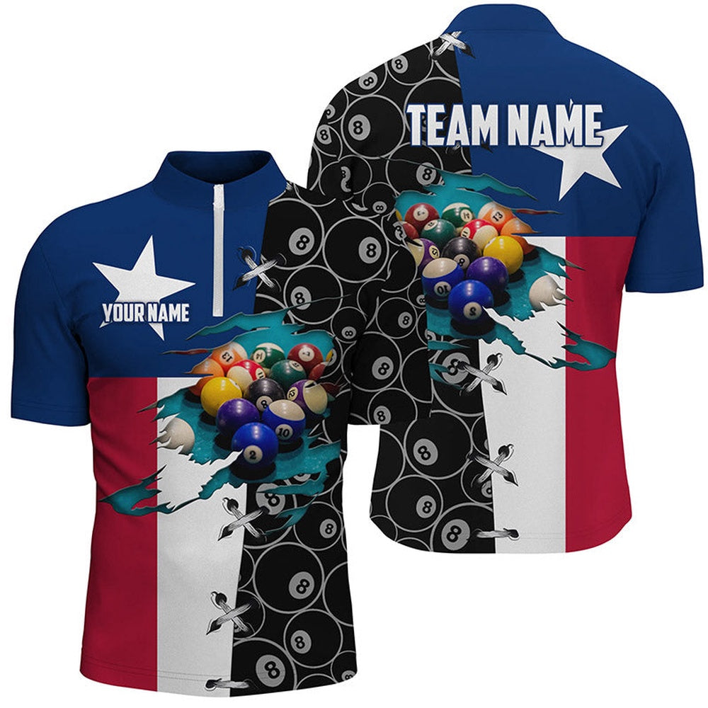 Billiard Polo Shirts, Personalized Texas Flag Billiard Polo Shirts, Custom 8 Ball Pattern Pool Balls Jerseys, Billiards Team Shirts